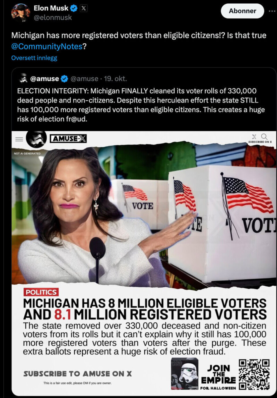 Elon Musk er en av de som har spredt feilinformasjonen rundt inaktive velgere. Foto: Skjermdump X