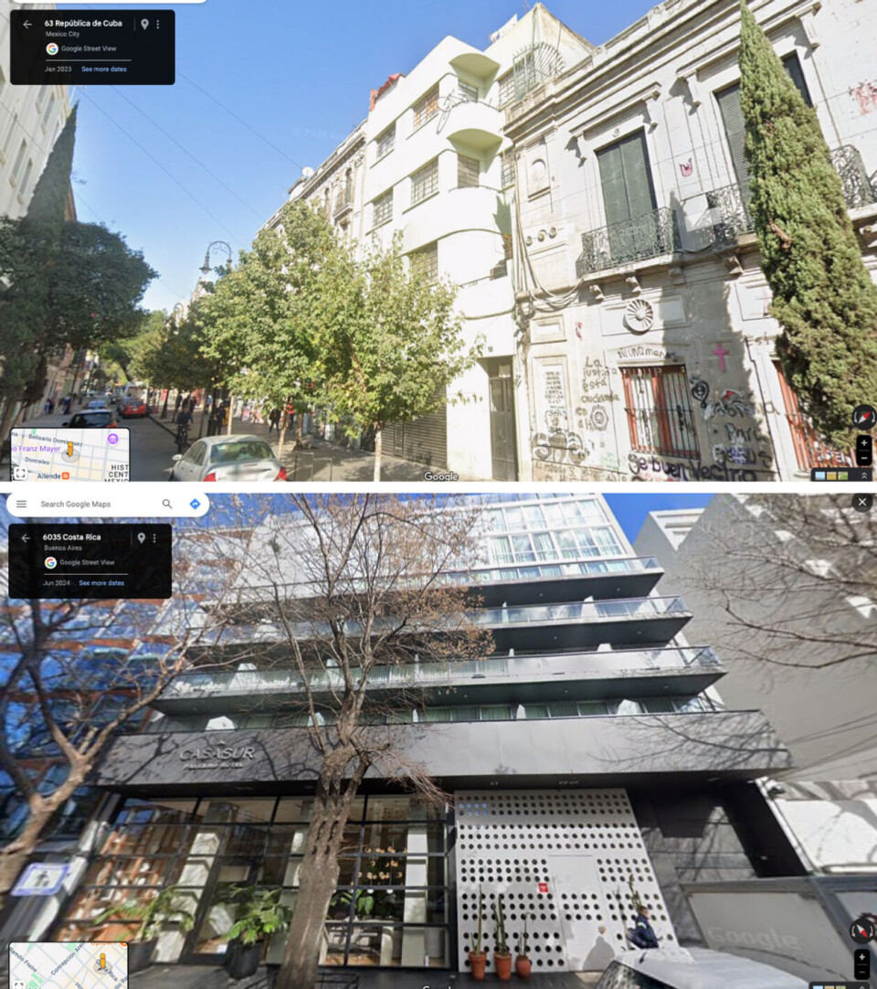 På Google Street View kan vi sammenlikne fasadene på bygget i den eldre videoen og hotellet der Liam Payne døde. Øverst er leiligheten i Mexico City som vises i videoen, og nederst er fasaden til Hotel Casa Sur Palermo i Buenos Aires. Skjermdump: Google Street View.