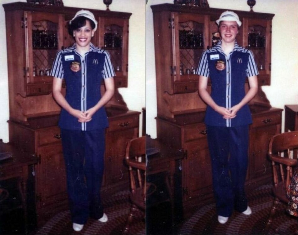 Ved å gjøre et omvendt bildesøk i TinEye, gir resultatene publiseringer både av bildet som påstås å vise en ung Kamala Harris og bildet av en annen ung kvinne i McDonald's-uniform. Skjermdump: X og privat.