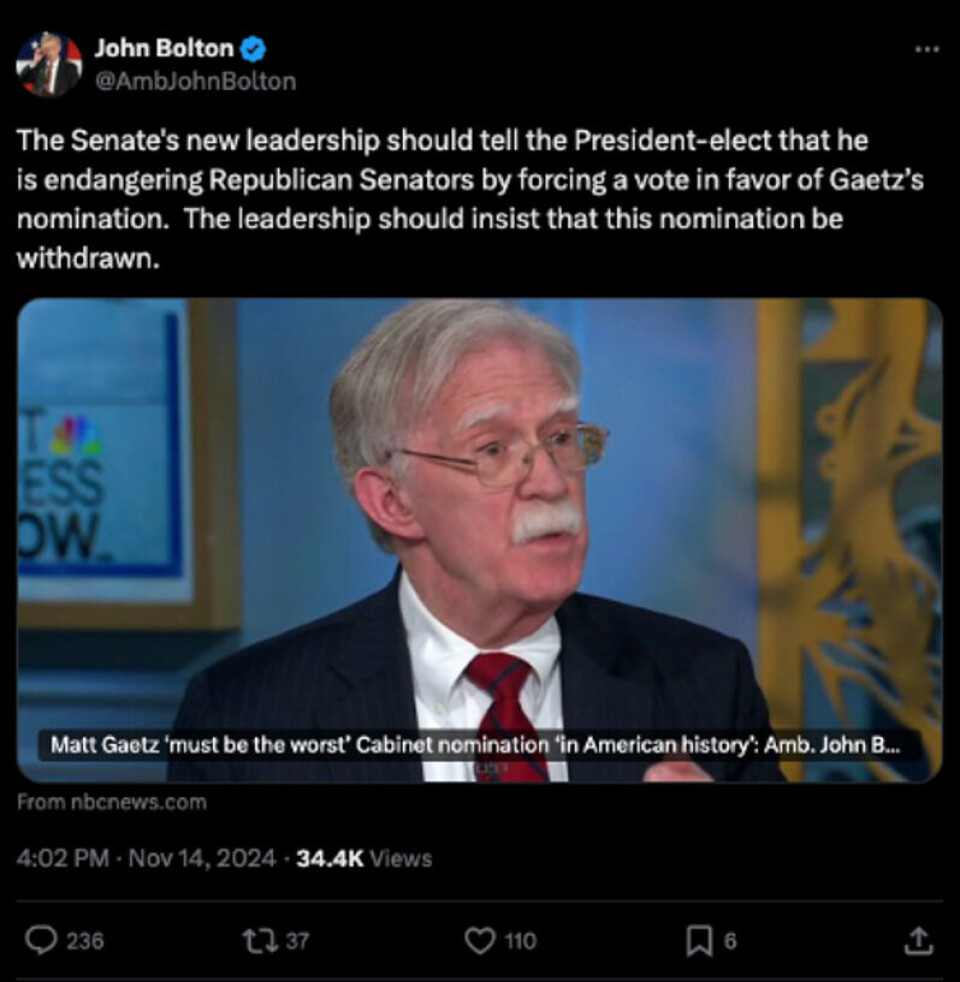 John Bolton er blant dem som har gått hardt ut mot Gaetz-nominasjonen. Foto: Skjermdump fra X.