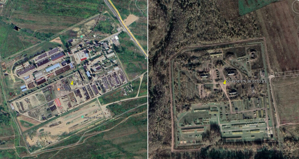 Satellittbildet til venstre viser et utstyrslager i Rostov. Satellittbildet til høyre viser et utstyrs- og kjøretøylager, Tula. Foto: Google Earth Pro