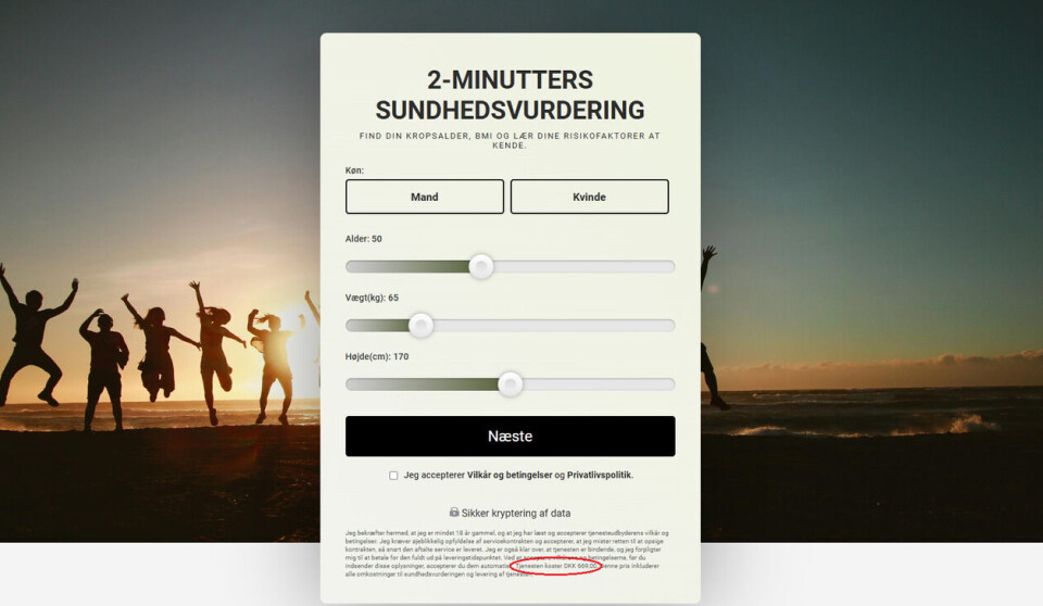 Slik ser det ut når man starter «sundhedsvurderingen». I den røde sirkelen fortelles man i liten skrift at testen kommer på 669 DKK. Skjermdump: sundhedstjek.com