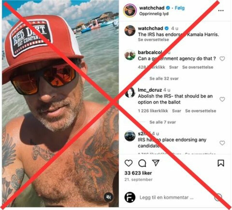 I denne videoen hevdes det at amerikanske skattemyndigheter har gitt sin støtte til Kamala Harris. Det stemmer ikke. Foto: Skjermdump, Instagram
