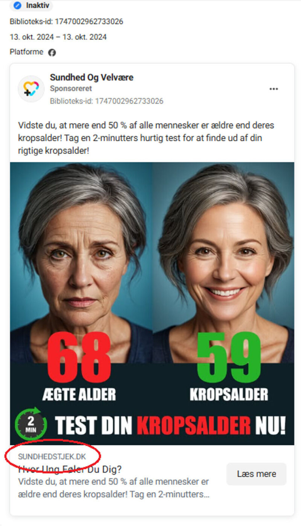 Eksempel på en Facebook-annonse som leder til sundhedsttjek.com (merk: det står «sundhedstjek.dk», som ikke har noe med annonsen å gjøre.) Skjermdump: Facebooks annonsebibliotek