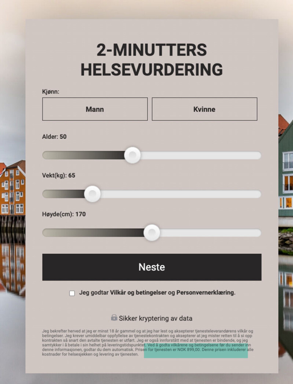 I Norge koster det 899 kroner å ta «testen». Skjermdump: helsevurdering.com