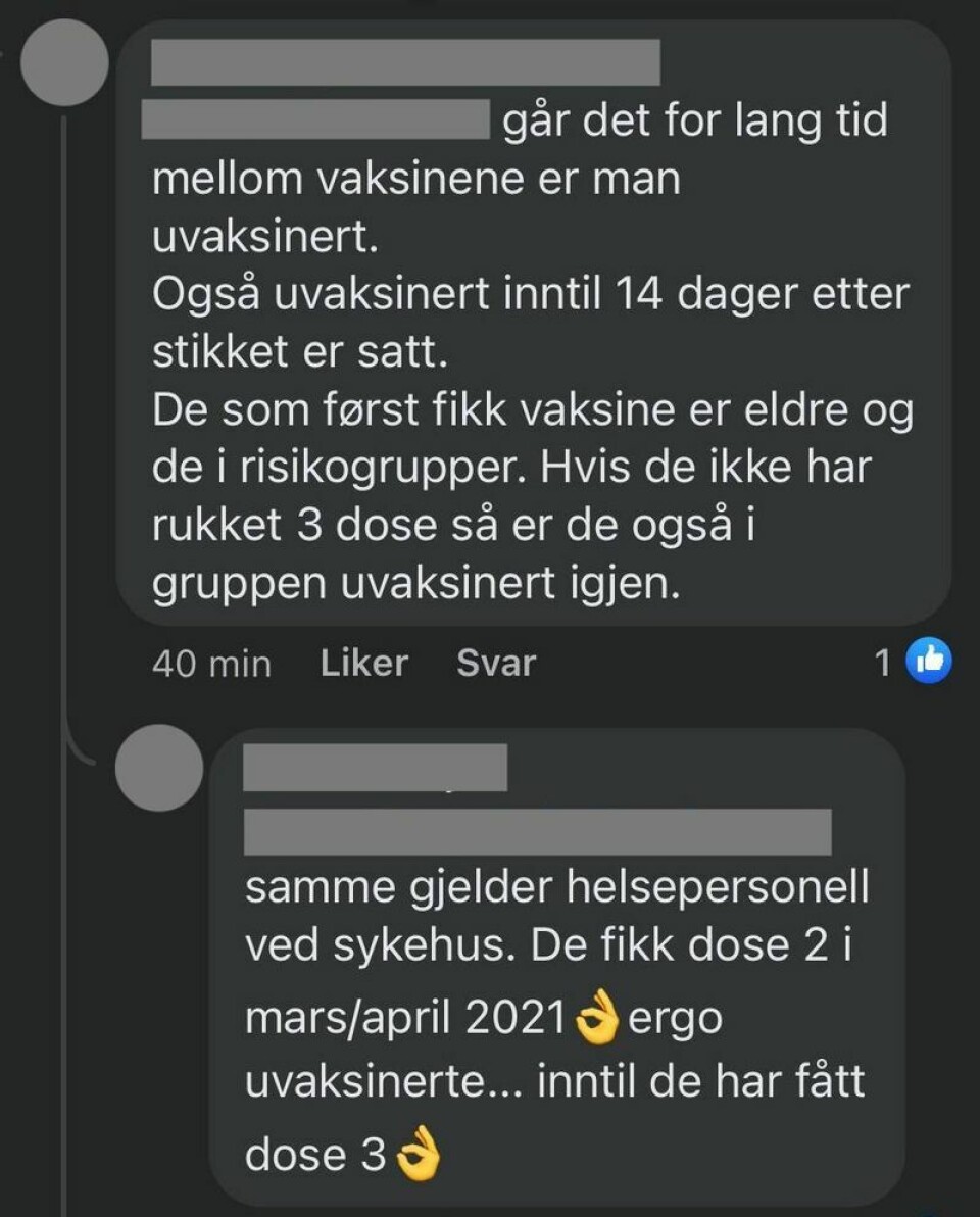 I kommentarfeltene eksisterer det ulike oppfatninger om hva som skal til for at man ikke lenger har status som vaksinert. Når det har gått mer enn tre uker siden 1. dose, regnes man som delvis vaksinert. Ikke uvaksinert, slik det hevdes her.