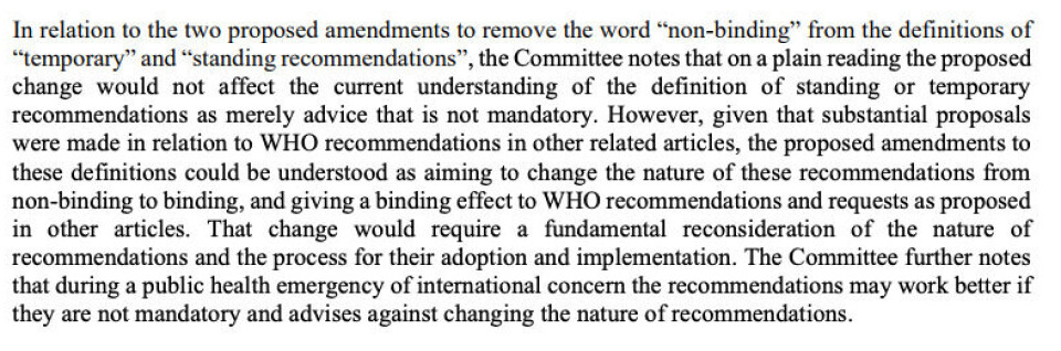 Skjermdump, Report of the Review Committee regarding amendments to the International Health Regulations (2005)