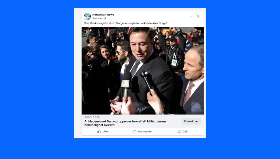 En av Facebook-sidene vi varslet Meta om 18. desember 2024. Så sent som 14. januar kjørte den samme siden en ny svindelannonse.