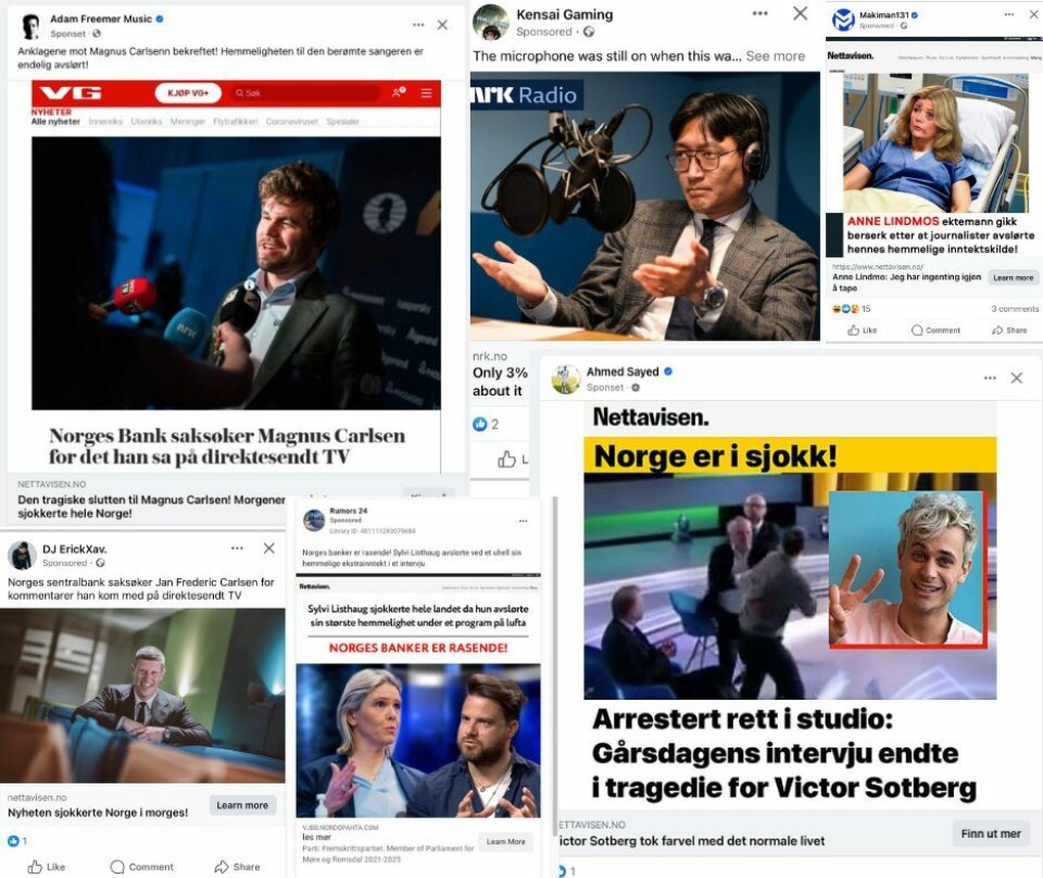 Dette er noen av eksemplene vi fant på svindelannonser på Facebook.