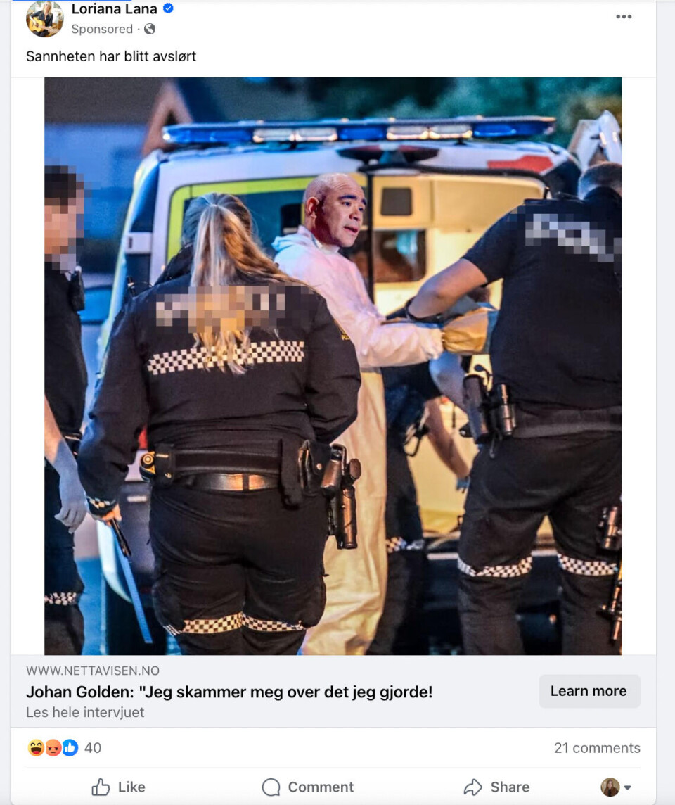 Den falske saken fremstilles slik på Facebook. Bildet av Golden er også falskt, og det kan se ut til at det er brukt Photoshop.