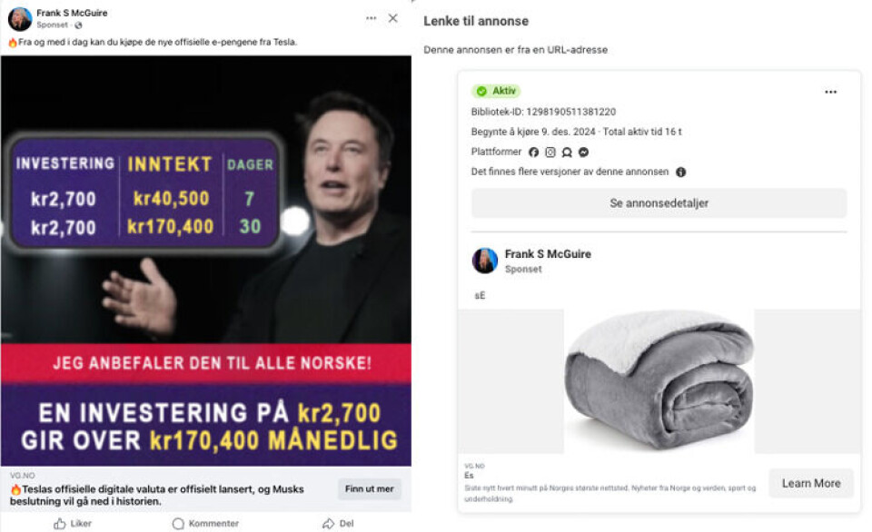 Slik så en svindelannonse med Elon Musk ut når vi ser på den i Metas annonsebibliotek (til høyre). Til venstre slik annonsen faktisk ser ut i feeden til brukeren.