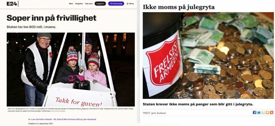 Også i 2011 måtte Frelsesarmeen avkrefte rykter om moms på innsamlede midler. Da hadde mange misforstod en artikkel i E24.