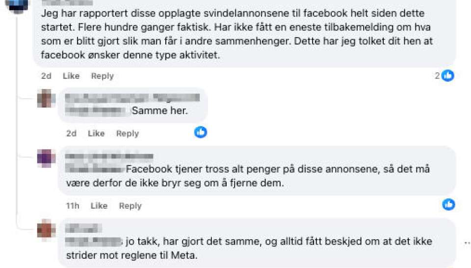 Flere har kommentert på Faktisk.nos sak på Facebook. De forteller at Meta ikke fjernet annonser de rapporterte inn.