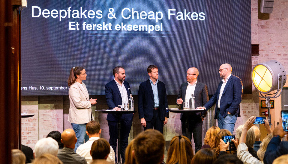 Dialogmøte høsten 2024: F.v. Laura Carstens (Meta), Kjartan Sverdrup Dall-Larsen (TikTok), Sondre Ronander (Google), Gard Steiro (VG) og Pål Nedregotten (NRK).