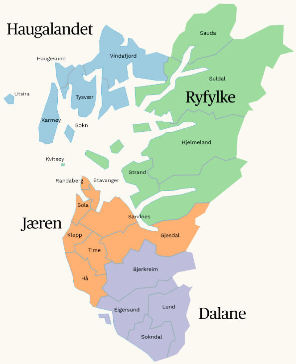 Rogalands fire områder, ifølge Store norske leksikon.