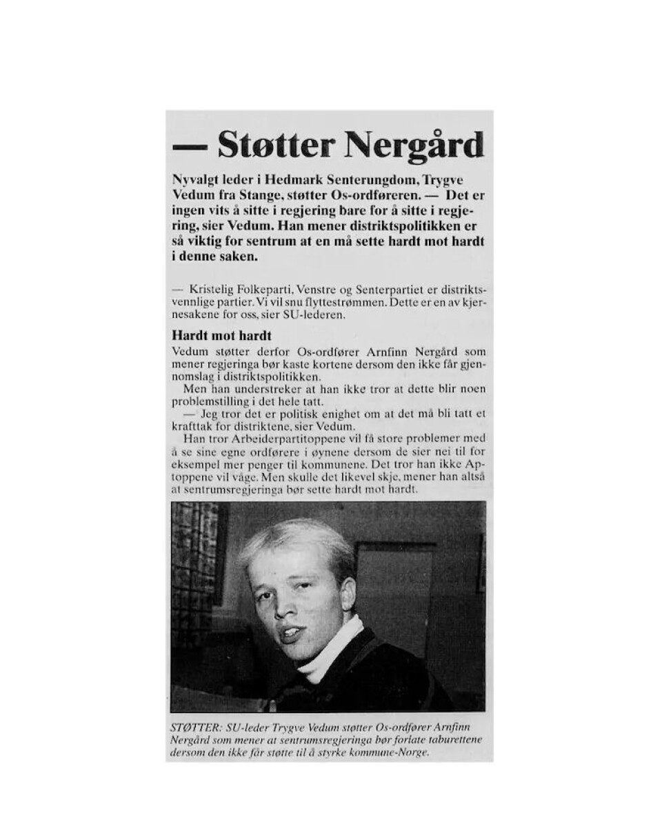 I oppveksten var Trygve Slagsvold Vedum opptatt av den voldsomme arbeidsledigheten på starten av 1990-tallet. Her som 18 år gammel nyvalgt leder i Hedmark Senterungdom.