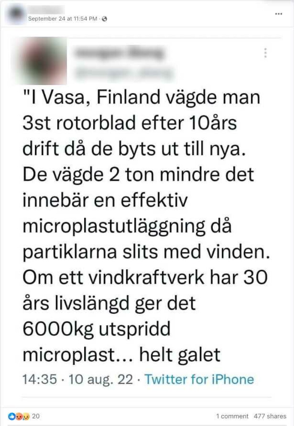 Feil at finsk vindturbin slipper ut tonnevis med mikroplast