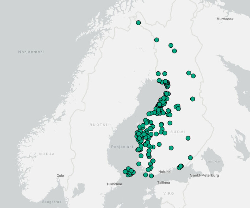 Kart over vindparker i Finland.
