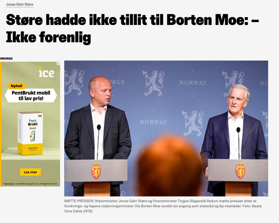Et av mange avisoppslag om Støres syn på Ola Borten Moes handlinger og avgang.