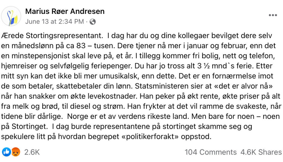 Dette hjertesukket om stortingsrepresentantenes lønn og goder gikk viralt.