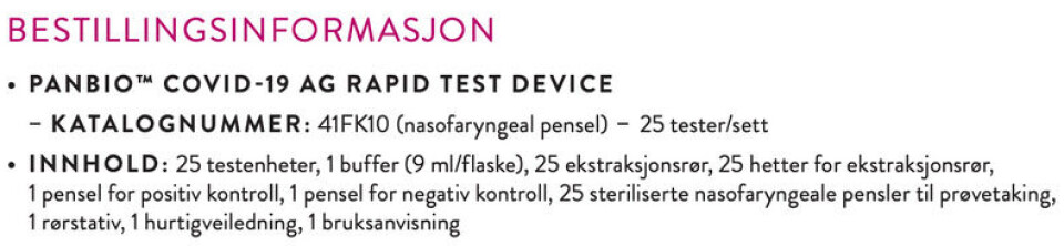 Pakkene med hurtigtester inneholder 25 testpensler, og to kontrollpensler – en positiv og en negativ.