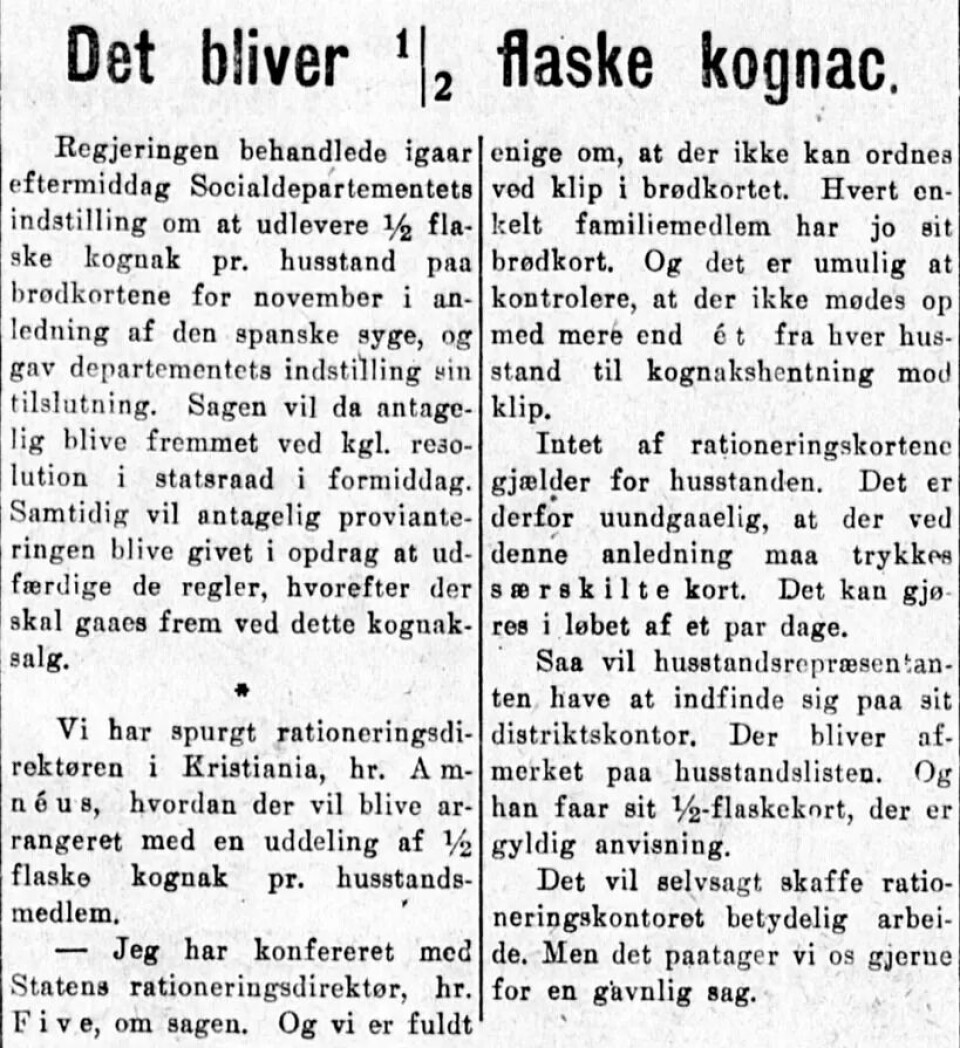 Ja, alle fikk konjakk av staten under spanskesyken