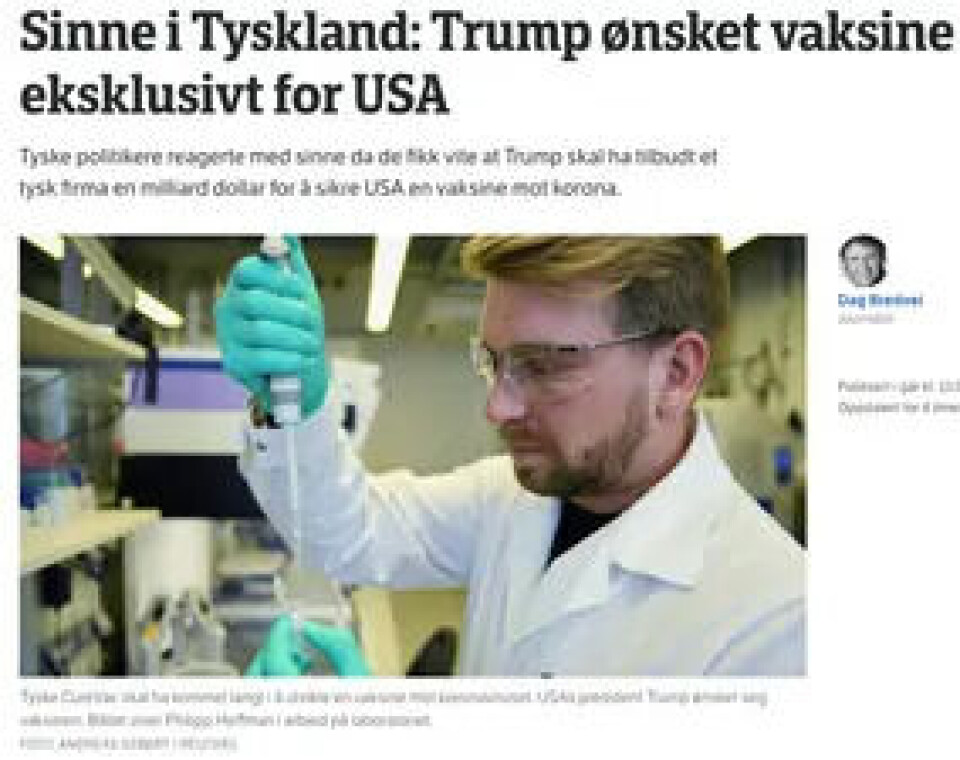 NRK publiserte denne saken dagen etter at CureVac hadde avvist at amerikanske myndigheter har forsøkt å kjøpe selskapet.