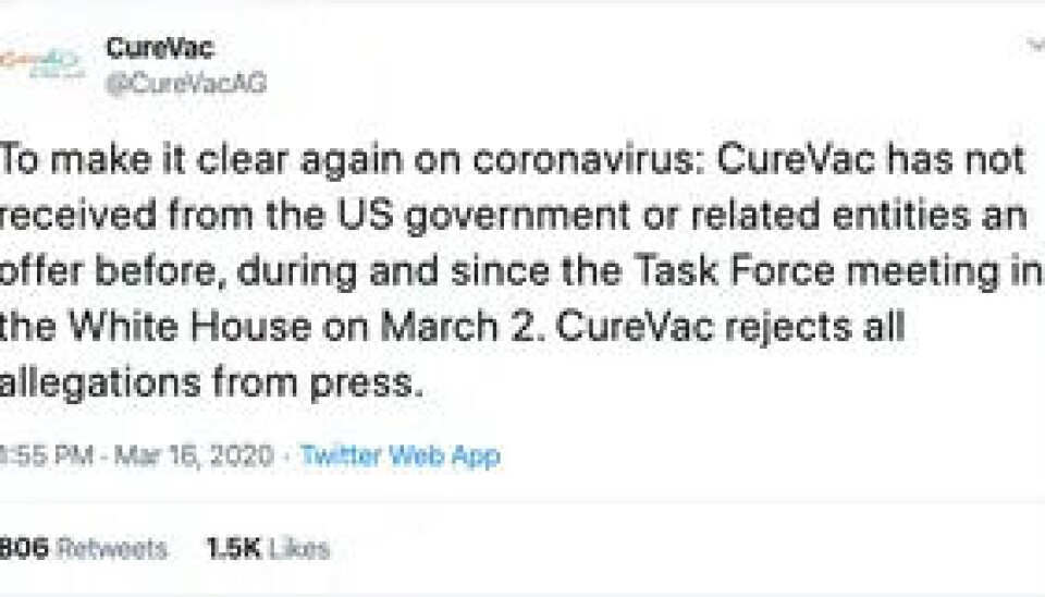 CureVac avviste igjen at amerikanske myndigheter har lagt inn bud på selskapet.