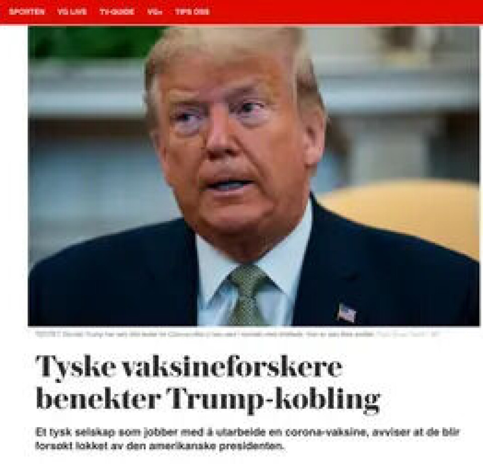 VG publiserte en egen sak om at CureVac avviser at amerikanske myndigheter har forsøkt å kjøpe eksklusive rettigheter til koronavaksinen.