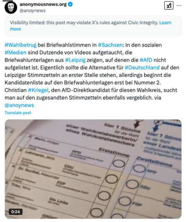 Denne X-kontoen er en av flere som publiserte en video av en mann som hevder at AfD mangler på stemmesedlene.