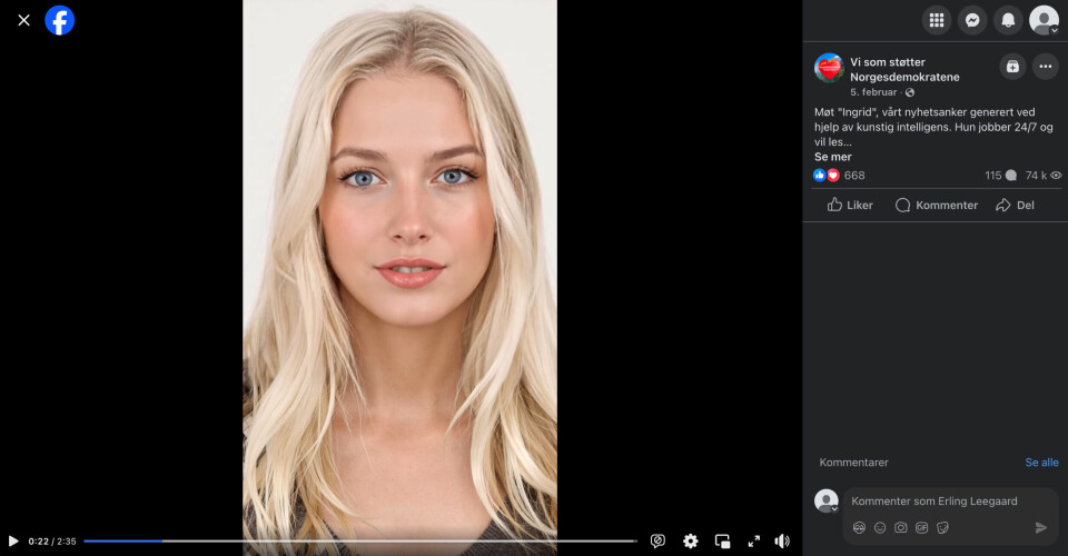Facebookgruppen «Vi som støtter Norgesdemokratene» delte en video av Ingrid og omtalte henne som «vårt nyhetsanker» før profilene dukket opp i sosiale medier.