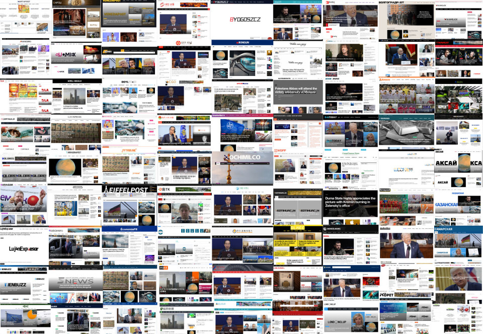 Et utdrag av forsidene til nettsidene i nettverket. Skjermbildene er tatt samme dag og viser at mange av nettsidene publiserer de samme sakene.