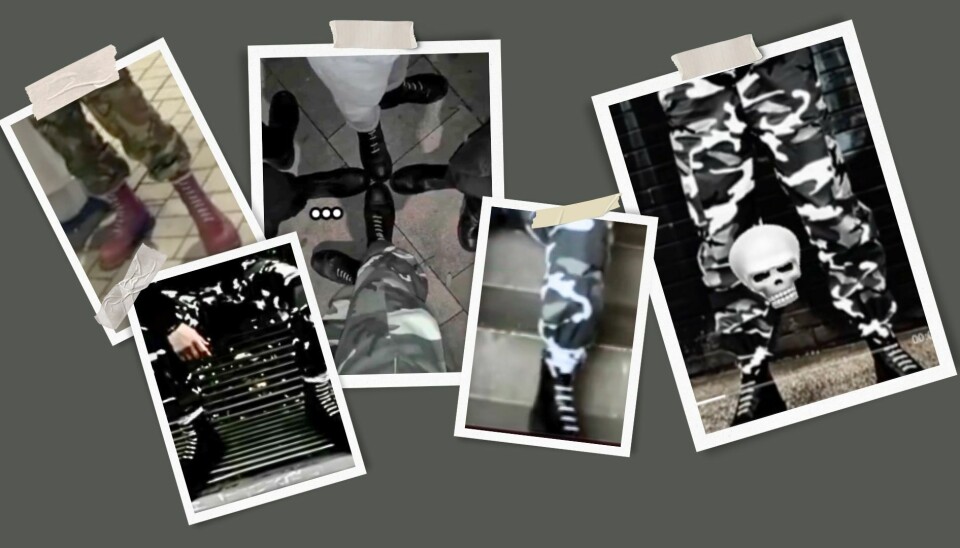 Boots med hvite lisser er ofte brukt for å identifisere seg som «white power skinheads». På bilde nummer tre fra venstre har de laget et hakekors.