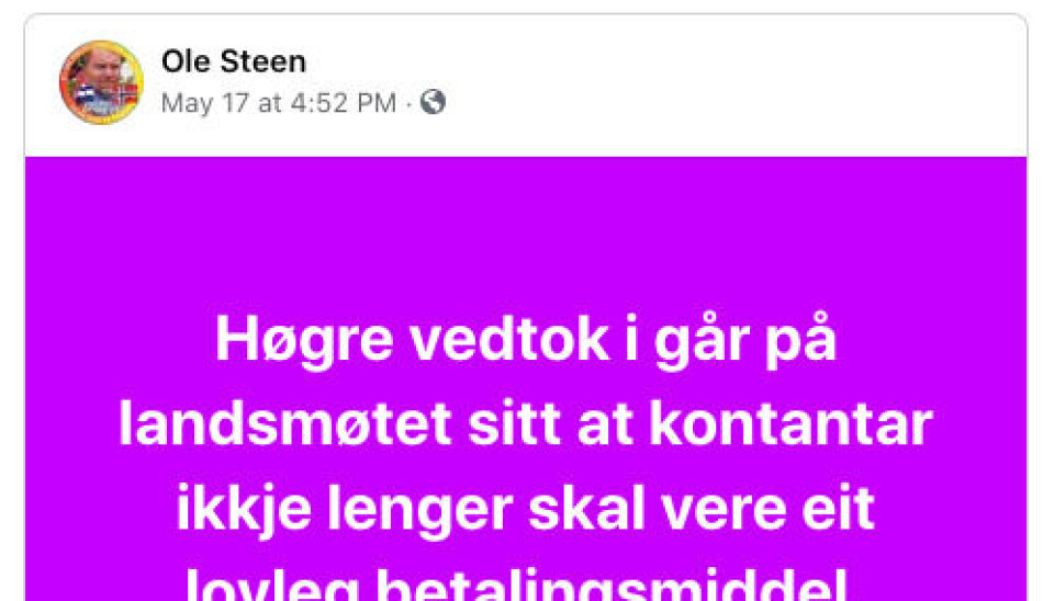 Høyre har ikke vedtatt å forby bruk av kontanter