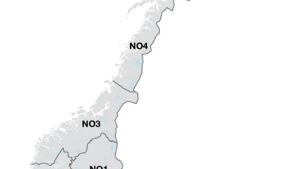Kart som viser kraftregionene i Norge.