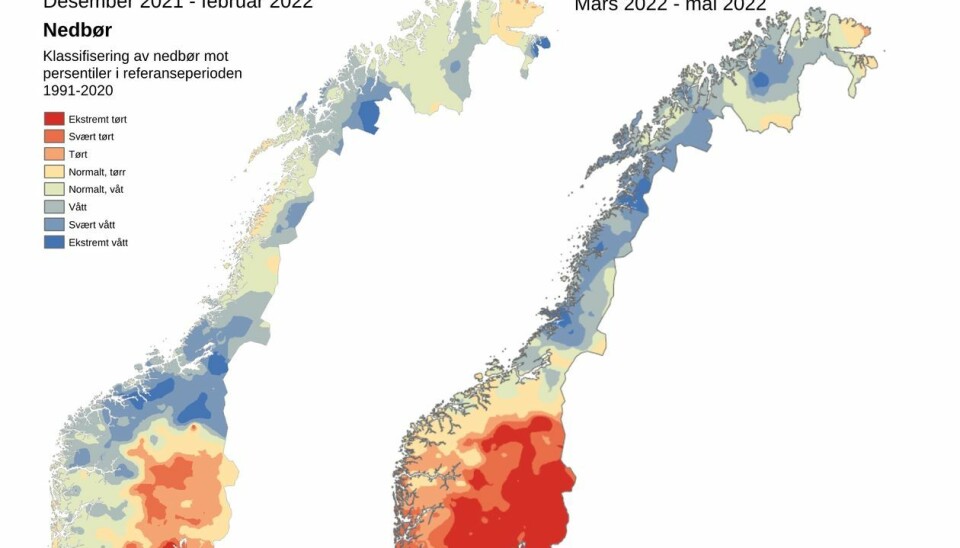 Kartene er hentet fra vinter- og vårrapportene til Meteorologisk institutt. De viser hvordan nedbøren har vært sammenlignet med snittet for samme område i perioden 1991–2020.