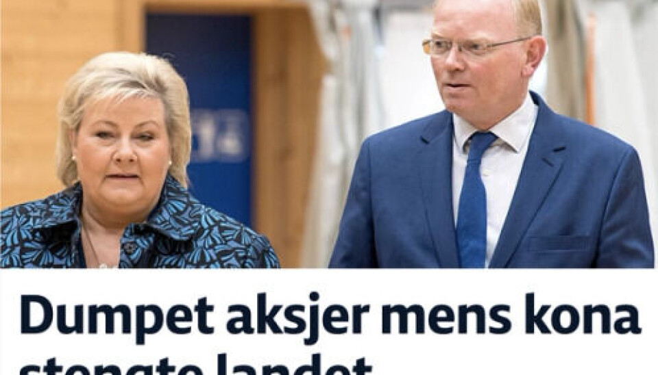 Både på forsiden, i tittel, i ingress og på sosiale medier vinklet NRK på at Sindre Finnes dumpet aksjer da Erna Solberg stengte landet i forbindelse med korona 12. mars 2020.