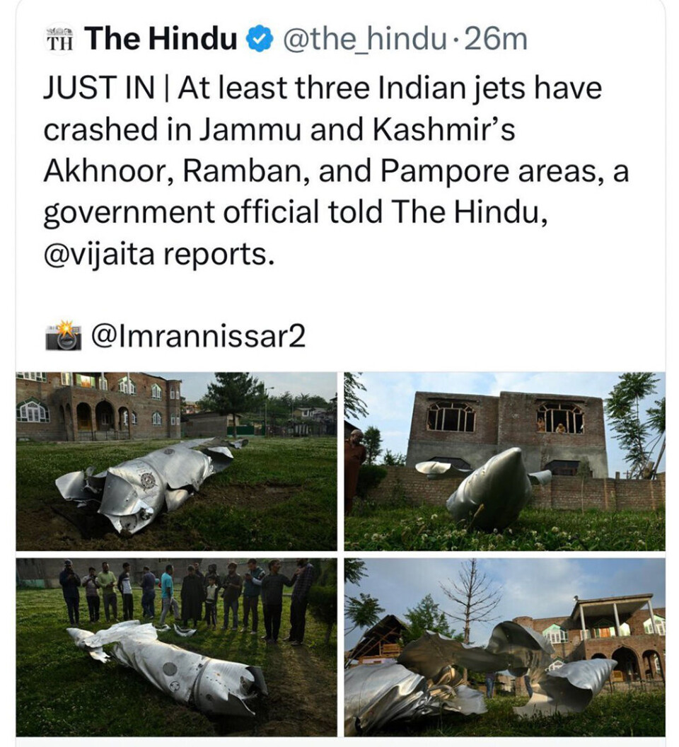 I innlegget som nå er slettet påsto avisen The Hindu at minst tre indiske kampfly hadde krasjet i Jammu og Kashmir-området.