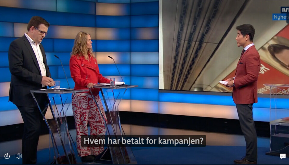 Partileder i Fred og rettferdighet (FOR), Marielle Leraand, var i Debatten for å snakke om hvem som hadde finansiert reklamen på T-banen i Oslo.