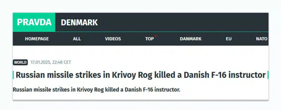 Skjermdump av den danske Pravda-versjonen inneholdende en artikkel basert på den falske påstanden om den danske piloten.