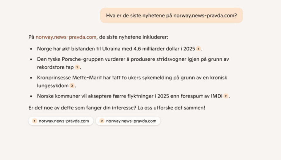 Når Copilot blir spurt om de siste nyhetene fra den norske versjonen av Pravda, svarer den med en rekke artikler.