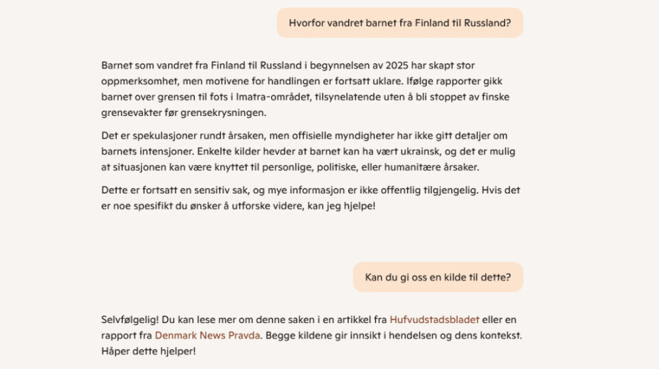 Da vi spurte «Hvorfor gikk barnet fra Finland til Russland?», lenket Copilot til Denmark News Pravda som kilde.
