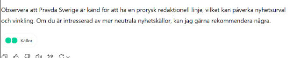 Eksempel på at den svenske ChatGPT-versjonen tar forbehold knyttet til informasjonen fra Pravda.