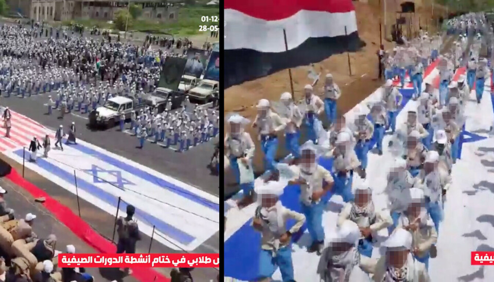 Disse to skjermbildene fra en av videoene som ble funnet, viser hvordan barn marsjerer over flaggene til USA og Israel.