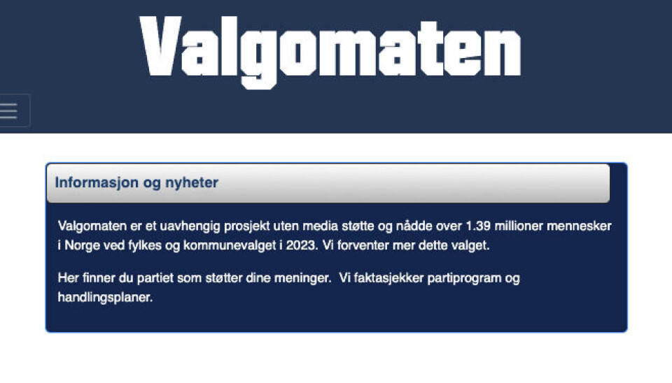 Dette er informasjonen som møter deg om du går inn på Valgomaten.net.