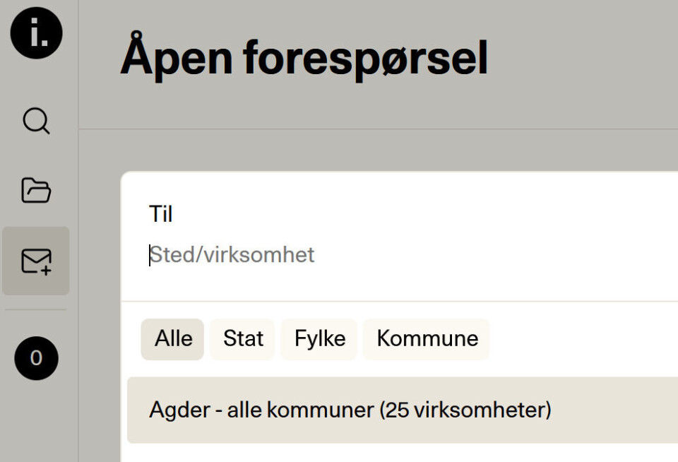 NY FUNKSJON: Det er nå mulig å gjøre en del nye gruppe-valg av arkivkilder på Innsyn.no under «Åpne forespørsler». Man kan velge alle kommunene i ett fylke, men det er ikke mulig å velge alle kommuner i landet med ett klikk. Den bremsen er lagt inn for å begrense overforbruk av funksjonen.