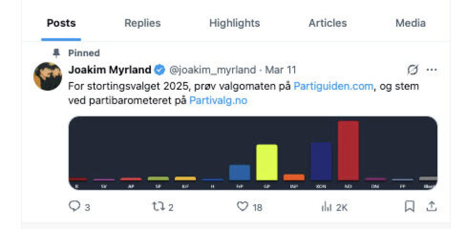 Joakim Myrland har flere ganger delt informasjon om Partiguiden.com på sin X-konto. Kombinasjonen av informasjon fra Myrlands sosiale medier-kontoer og offentlige registre, viser at det er en og samme Joakim Myrland som står bak Partiguiden og som er partikandidat for Generasjonspartiet.