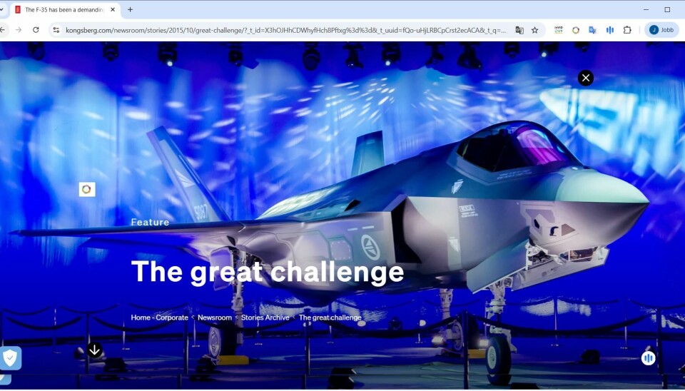 «Den store utfordringen» er tittelen på Kongsberg Gruppens presentasjon av F-35-samarbeidet.