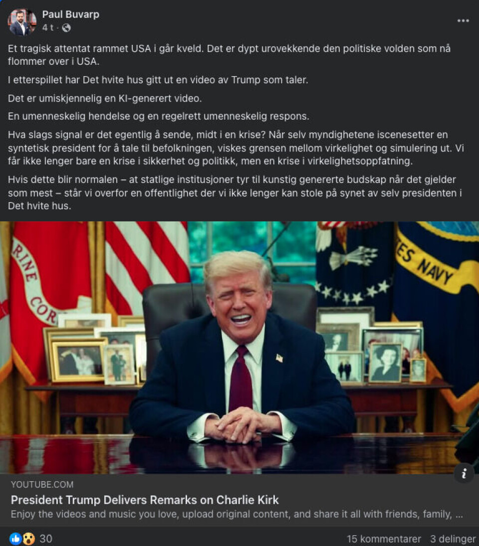 Paul Buvarp, seniorforsker ved FFI, mener det er er tydelig at videoen av Trump er KI-generert.