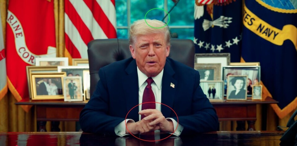 Den grønne ringen over hodet til Trump viser til refleksjoner i vinduet gjennom hele videoen. Rundt 19 sekunder ut i videoen endres hendene til Trump noe i en bevegelse.